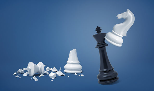 3d rendering of white chess knight hits a black king near broken pieces of a white king.