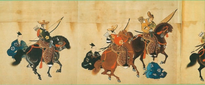 This Edo-era panel depicts the bright costumes and tack of rider and horse in yabusame.