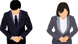 Drawing of two business people without facial details - a man (left) and woman (right) - bowing.