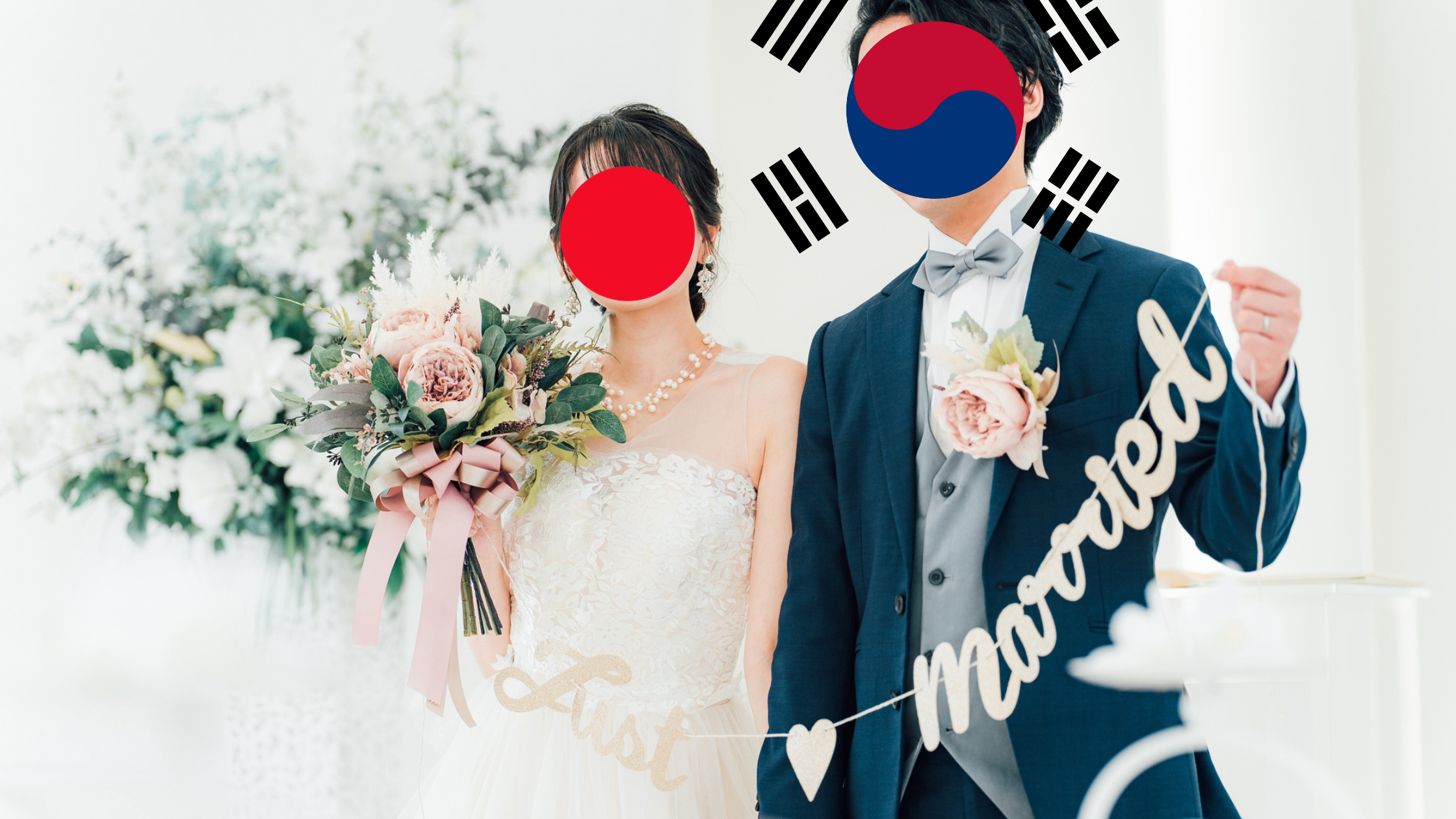 Man and woman getting married with South Korean and Japanese flags over thier faces