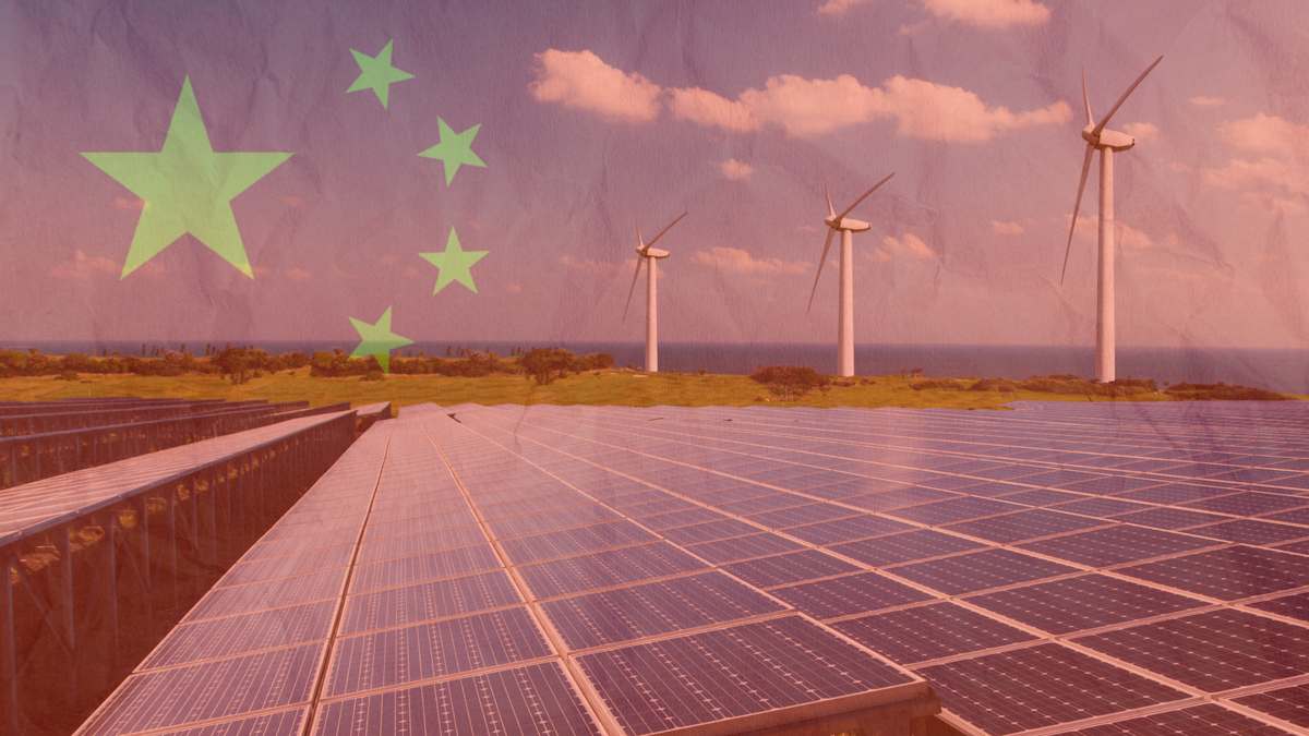 Picture of Chinese flag superimposed on a picture of solar panels