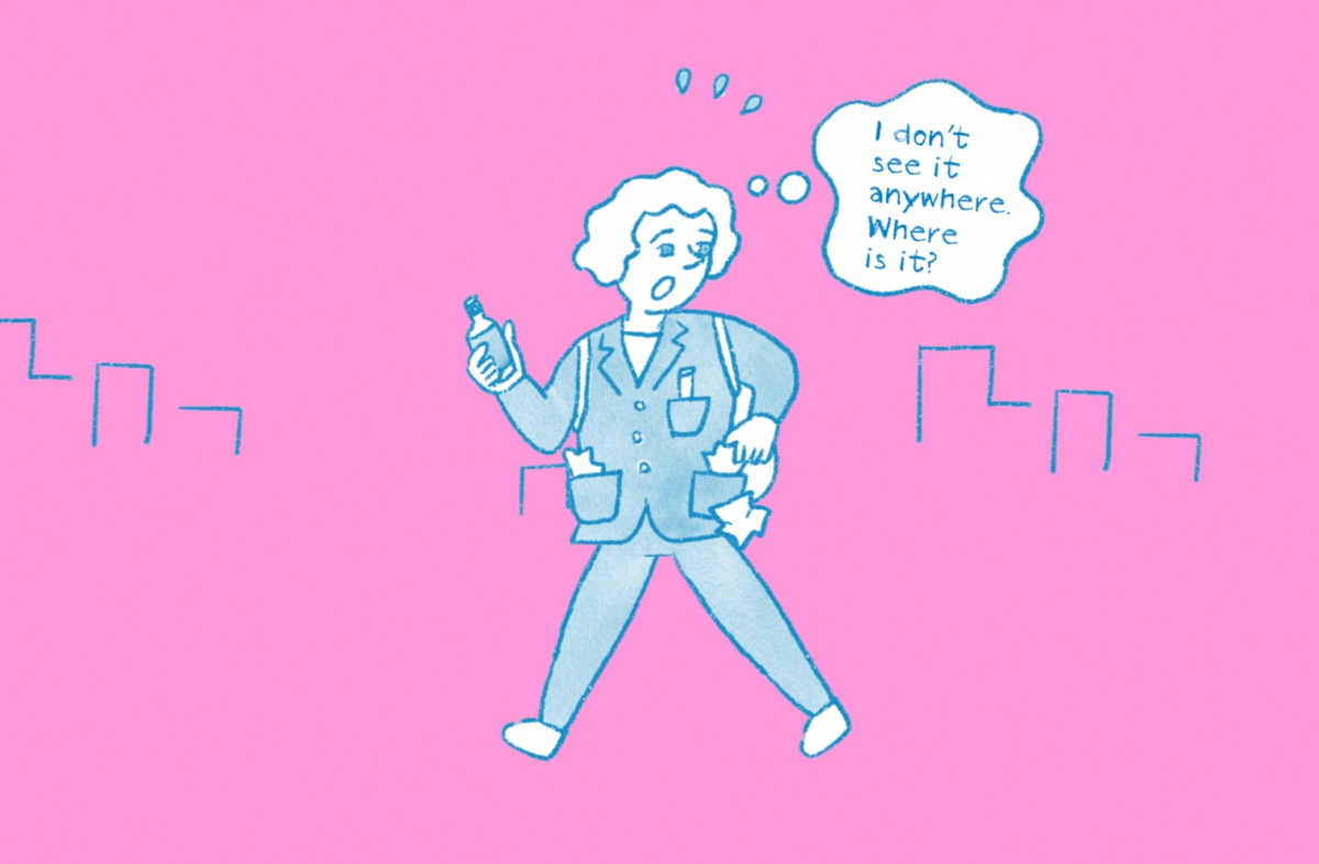Woman wondering where to put her trash after drinking something in Kanazawa