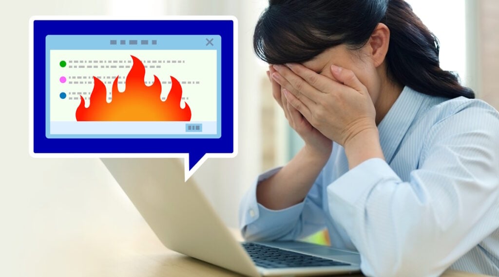 Picture of flames on a social media website and a woman holding her head in her hands in shame