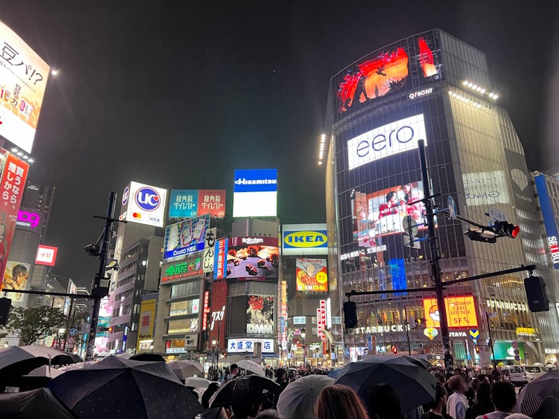 Shibuya at night during the rain, facing Center Gai from the opposite side of the Scramble
