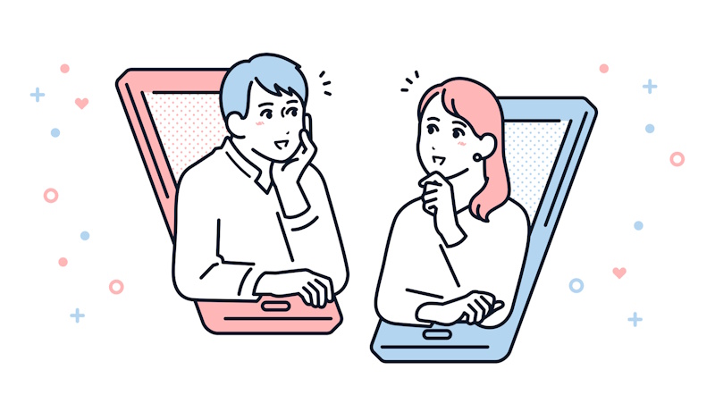 Illustration of a man and a woman framed by smartphones looking at each other