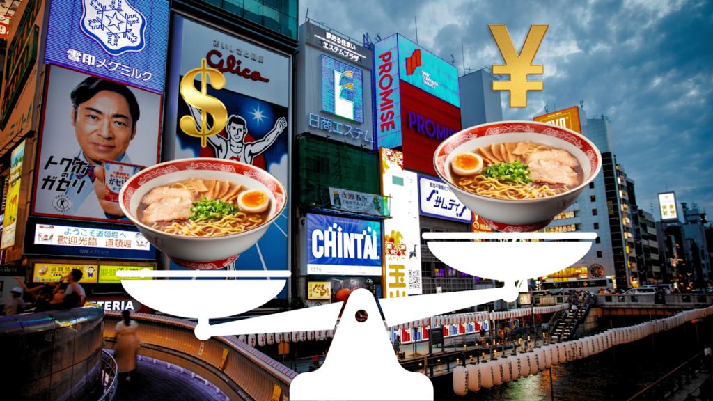 Two ramen bowls on a scale with the one paid for in dollars shown as heavier