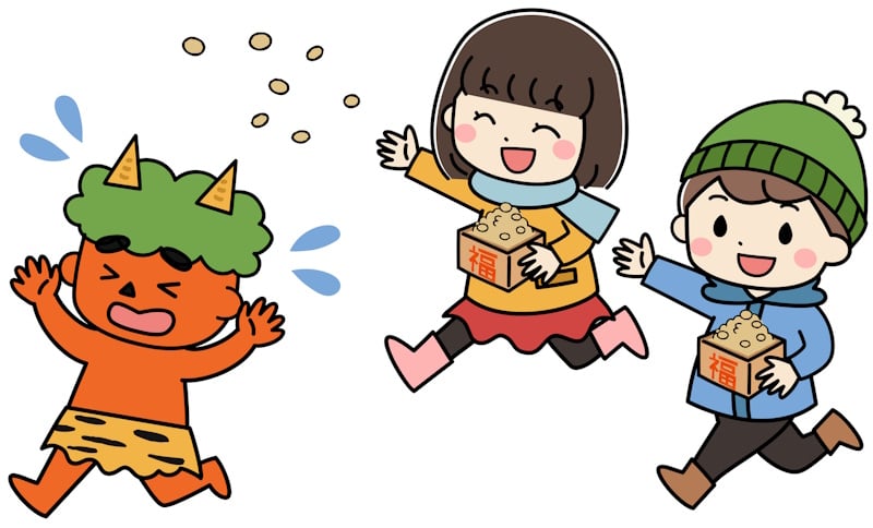 Picture of two kids, a boy and a girl, throwing soybeans at a fleeing child demon