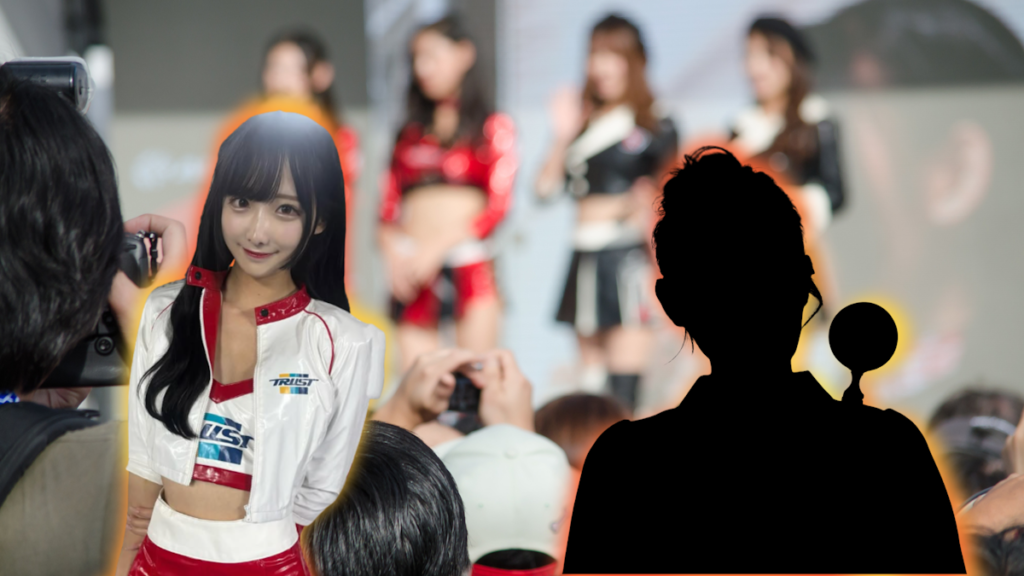 Race queen detective - silhouette of a woman with a magnifying glass in front of a picture of a number of racing idols