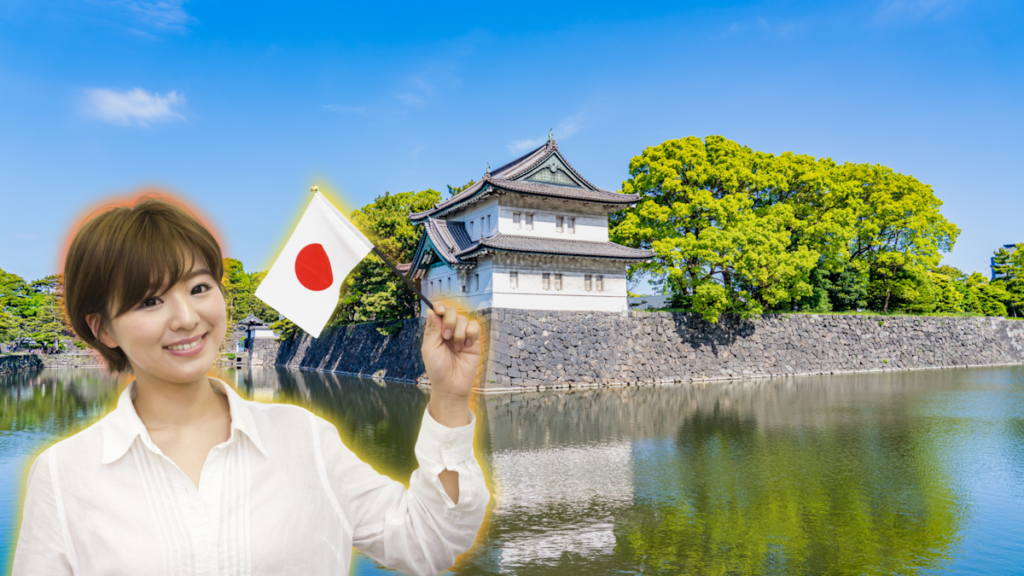 Woman holding a Japanese flag in front of the Emperor's Palace