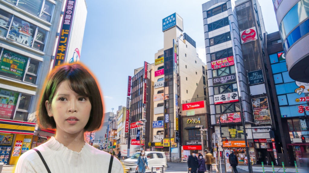 Sakaguchi Anri against a backdrop of Hachiōji