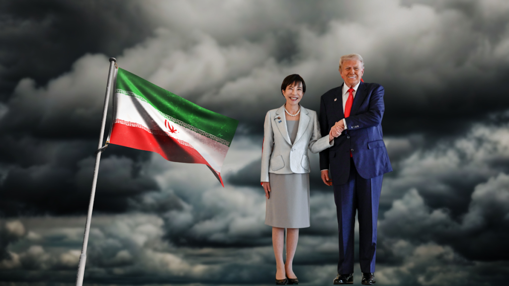 Takaichi and Trump in front of an Iranian flag backed by storm clouds