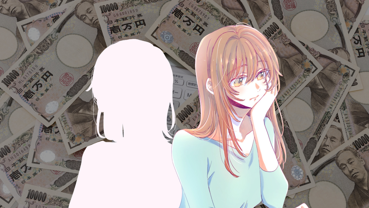 Drawing of two women but one is in silhouette while the other looks sad. Both are set against a backdrop of Japanese money