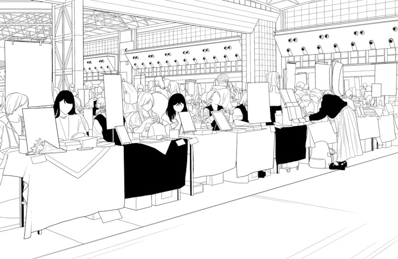 Manga-style line drawing of a large indoor zine fair with vendors displaying art at rows of booth tables.