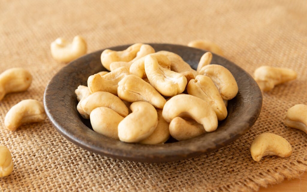 Cashew nuts on a table in a bowl