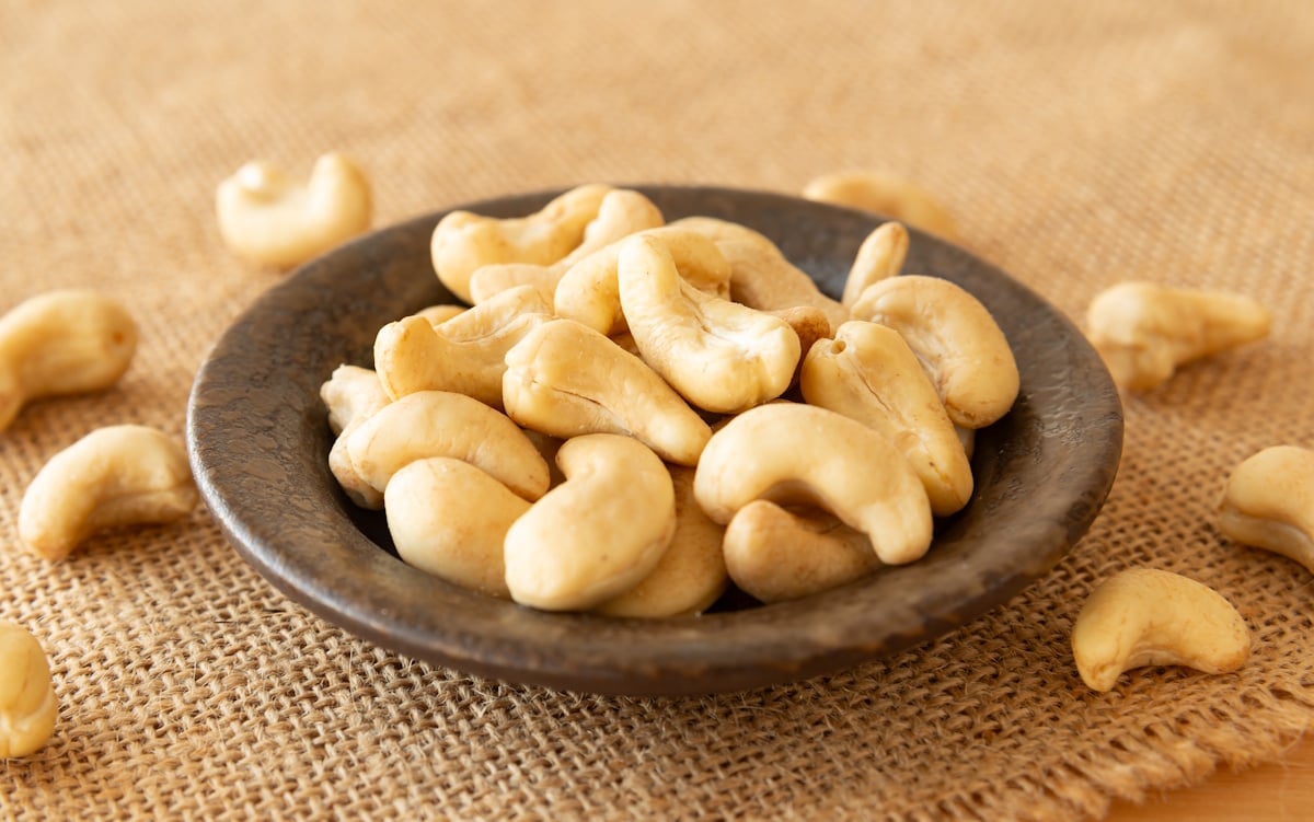 Cashew nuts on a table in a bowl
