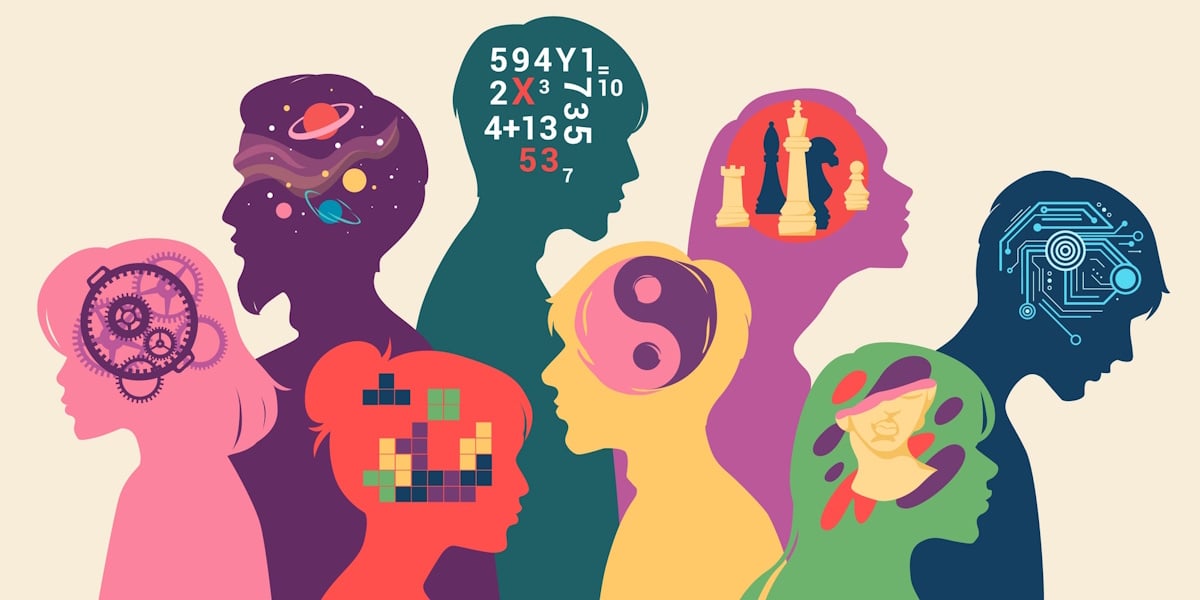 Stylized illustration of seven colorful human silhouettes in profile, each with different symbols inside their heads (gears, planets, math equations, chess pieces, music) representing diverse minds.