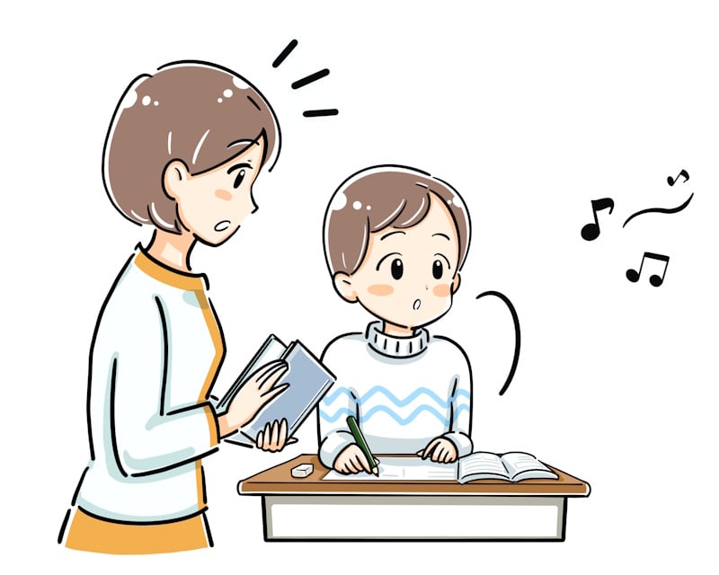 Cartoon illustration of a concerned mother holding a notebook next to her young son at a desk, who's distracted by music notes while doing homework.