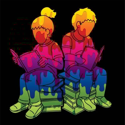 Pop-art illustration of two children sitting on stacks of books reading, in vivid drip-paint colors against black.